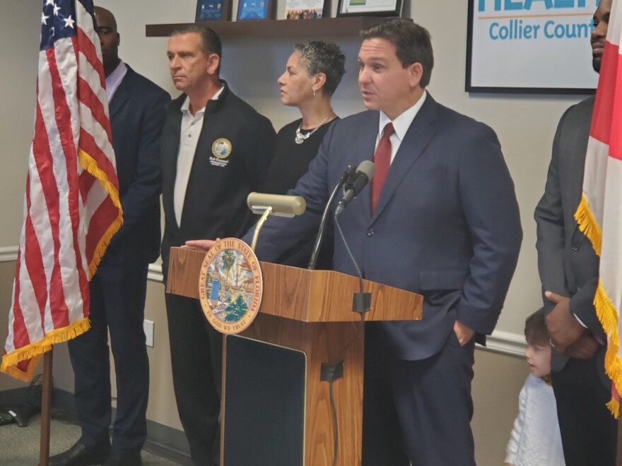 Governor Ron DeSantis speaks about COVID-19 testing and monoclonal antibody treatments at a press conference at the Florida Department of Health in Collier County Tuesday, alongside Florida Surgeon General Joseph Ladapo, State Rep. Bob Rommel, R-Naples, Agency for Health Administration Secretary Simone Marstiller, U.S. Rep. Byron Donalds, R-Naples, and Florida Division of Emergency Management Director Kevin Guthrie