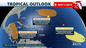Forecasters are monitoring three areas for possible tropical development. Image: FPREN / National Hurricane Center