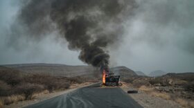 A truck, carrying grains to Tigray and belonging to the World Food Programme (WFP), burns out on a route 80 kilometers from the Semera, Ethiopia.