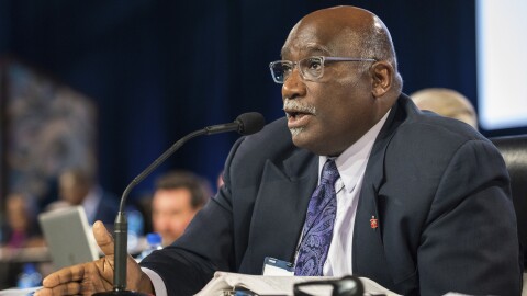 The Rev. Gregory Palmer, west Ohio Bishop, speaks during the 2019 Special Session of the General Conference of The United Methodist Church in St. Louis, Mo., Tuesday, Feb. 26, 2019.