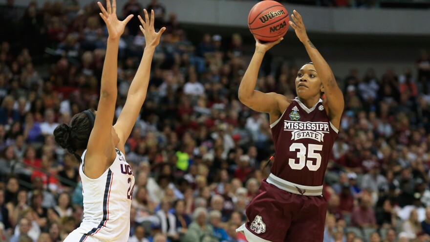 Mississippi State leading scorer Victoria Vivians shoots against Napheesa Collier of  Connecticut in Friday night's NCAA tournament semifinal.