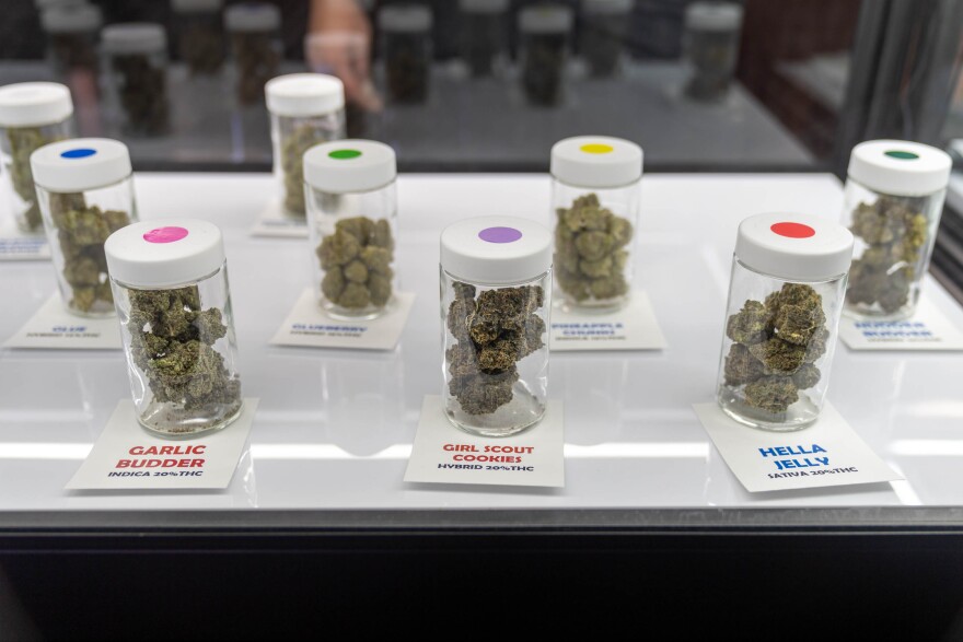 Different strains of cannabis that are available for purchase are displayed in glass jars in a case at NativeCare. Strains include garlic budder and girl scout cookie.