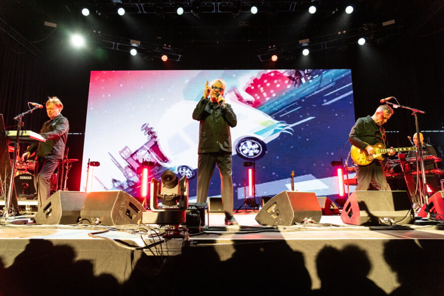 Gerald Casale, from left, Mark Mothersbaugh, and Bob Mothersbaugh of Devo performs during the first weekend of Coachella Valley Music and Arts Festival on Friday, April 10, 2026, in Indio, Calif.  
