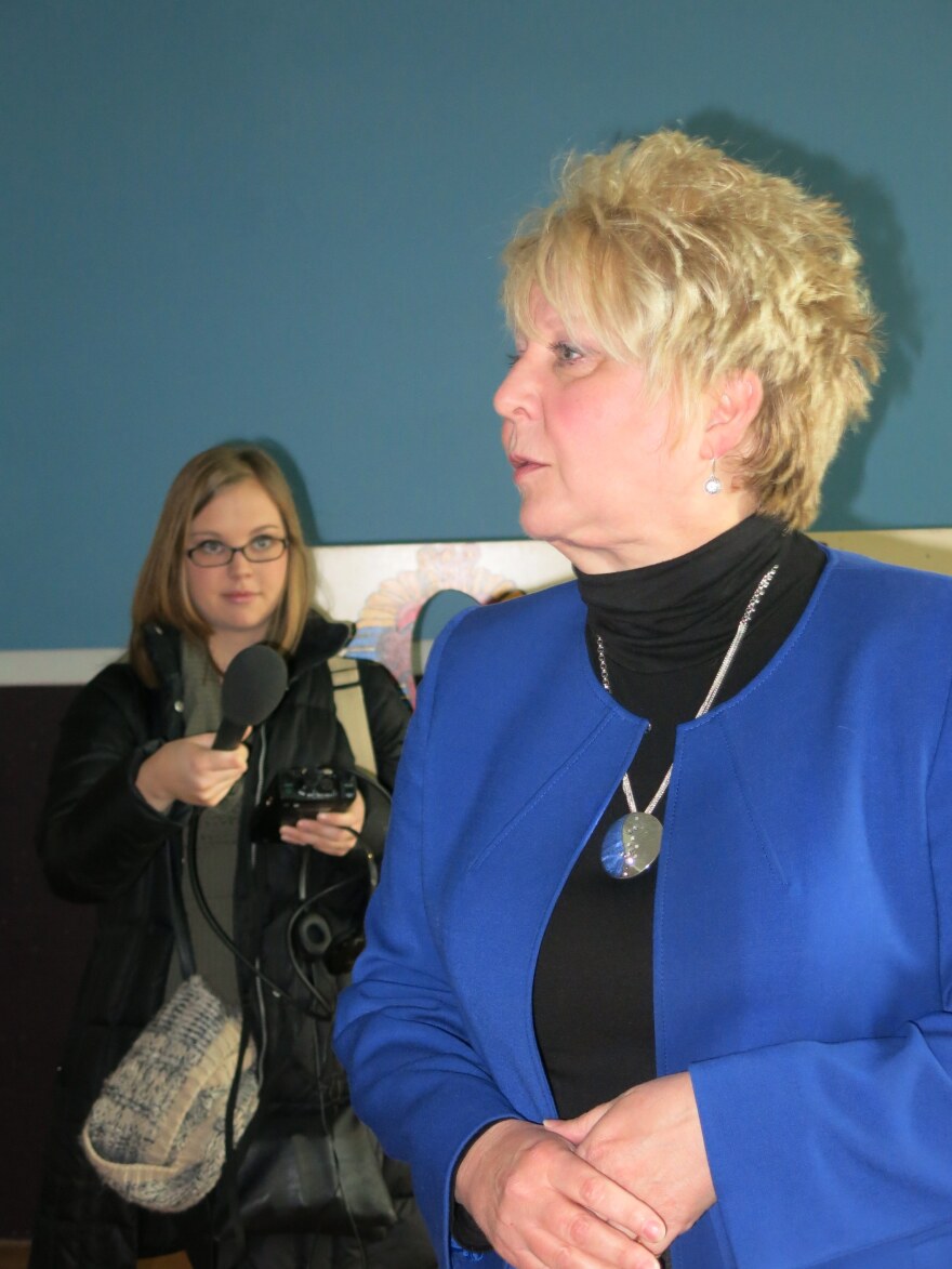 Kim Findlay tells reporters and board members about the new exhibit. 