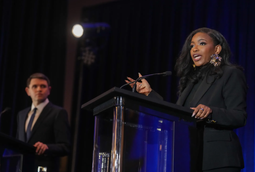 U.S. Rep. Jasmine Crockett, right, answers a moderator’s question while state Rep. James Talarico looks on during their U.S. Senate Democratic primary debate at the 2026 Texas AFL-CIO COPE Convention in Georgetown on Saturday, Jan. 24, 2026.