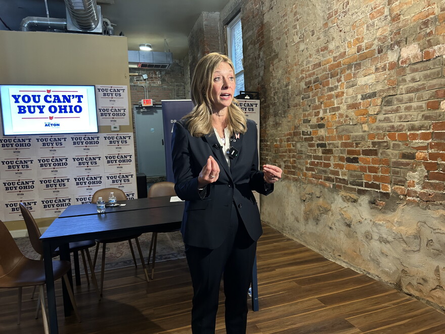 Governor candudate Amy Acton (D) speaks to the news media after a roundtable discussion.