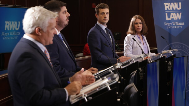 Jason Knight, Joe Solomon Jr., Keith Hoffmann and Kim Ahern square off during a WPRI debate last month at Roger Williams University Law School. Credit: Corey Welch/WPRI 12.