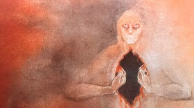A drawing featuring an obscured face with brown and orange tones. Arms appear to open the figure's chest.