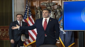 Gov. Andrew Cuomo answers questions from the media during a briefing on Tuesday.