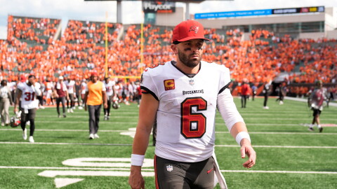 Tampa Bay Buccaneers quarterback Baker Mayfield (6) leaves the field after a 33-27 loss to the Cincinnati Bengals in an NFL football game Sunday, Sept. 13, 2026, in Cincinnati.  