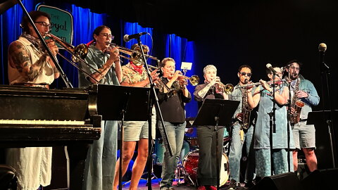 Students from Jazz Night School's class Beginning Instruments for Adults perform during a recital at The Royal Room in South Seattle on Aug. 27, 2026.