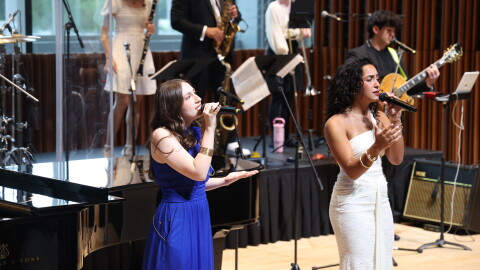 Lea Garza (left) and Melissa Cruz perform onstage during the 2026 Noel Schajris Scholarship Ceremony presented by the Latin GRAMMY Cultural Foundation® on August 05, 2026 in Coral Gables, Florida.