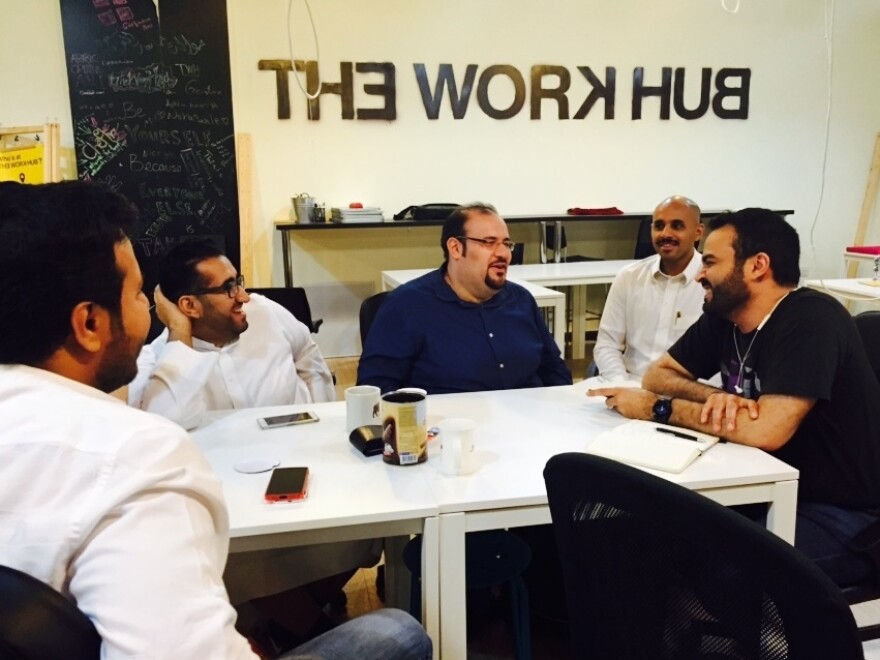 Abdullah Hamed, at far right, meets with Saudi online game developers including Ahmed Jadallah, at center, in Riyadh.