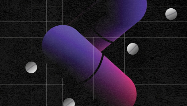 an illustration depicting purple capsules and white pills floating within a grid structure