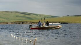 two people on a boat, with a fishing net