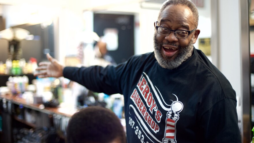 Barber Leroy Robinson Jr., one of the participants of the Sharp Insight project, has a shop on Lancaster Avenue in West Philadelphia.