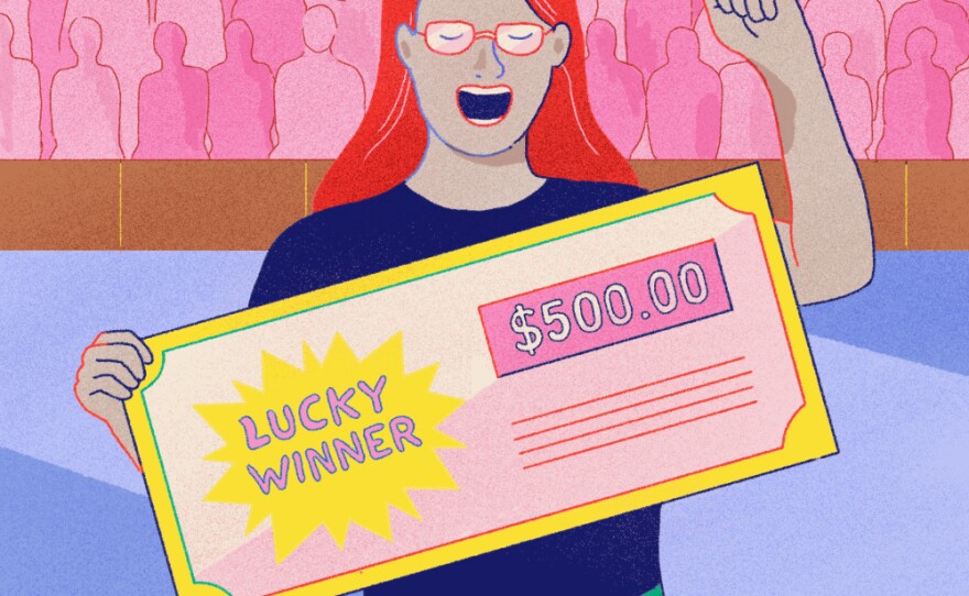 Illustration of a college student winning a lottery for getting vaccinated.