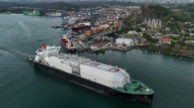 A liquefied natural gas carrier transits the Panama Canal in Panama City, Tuesday, March 24, 2026.