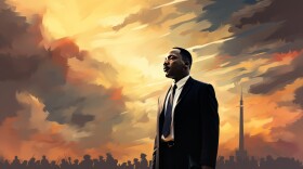 An illustration of Martin Luther King Jr standing tall against a cloudy sky, with indistinct figures and the Washington Memorial appearing behind him