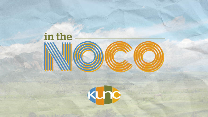 In the NoCo logo and KUNC logo placed in front of an old image of a mountain range 