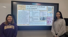 UTSA students Jacqueline Ramirez and Felisha Bocanegra present their final digital project of a bilingual, Spanish and English, digital timeline of their childhood memoirs as part of the Border Women and Feminist Cartographies Course in Fall 2022.