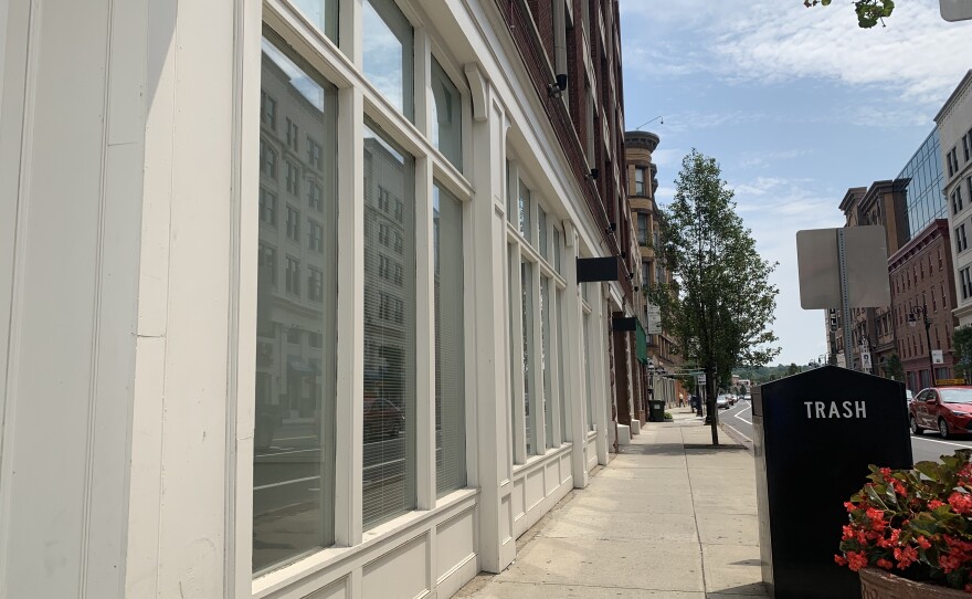 Empty storefronts opposite the MGM casino in Springfield, Massachusetts, one year after it opened.