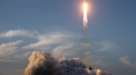 This image provided by NASA shows a SpaceX Falcon Heavy rocket with the space observatory Roman Telescope launching at the Kennedy Space Center in Cape Canaveral, Fla., Sunday, Aug. 30, 2026.