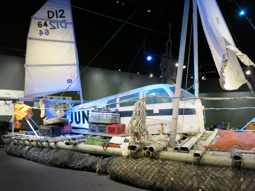 the raft Marcus Eriksen used to float from California to Hawaii in 2008.