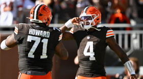 Cleveland Browns quarterback Deshaun Watson (4) celebrates after throwing for a 2-point conversion against the Carolina Panthers during the second half of an NFL football game in Cleveland, Sunday, Sept. 27, 2026. 