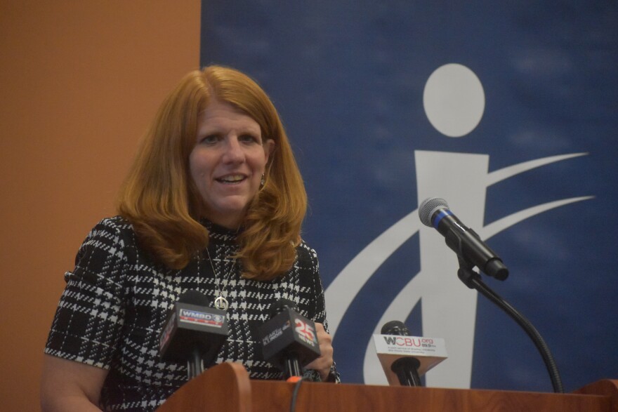 Peoria Park District executive director Emily Cahill speaks at a press conference, Sept. 27, 2021 in Peoria.