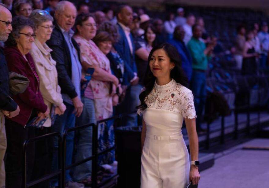 Wichita Mayor Lily Wu walks through the crowd before delivering the State of the City address at Century II.