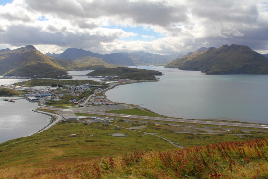 The City of Unalaska faces significant infrastructure challenges. The airport's 4,500 foot runway, seen in the foreground here in September 2022, is constrained by water and mountains, making expanding it a challenge.