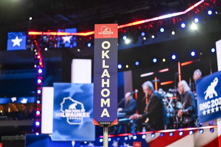A sign rallying delegates from Oklahoma at the Republican National Convention in Milwaukee