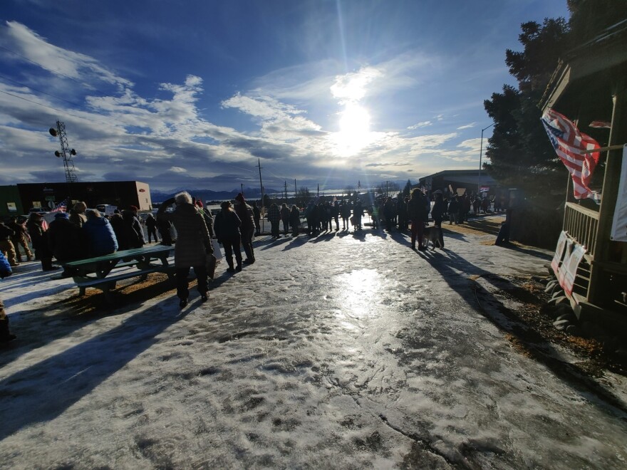 Protesters at WKFL Park in Homer on Sunday, Feb. 1, 2026. 