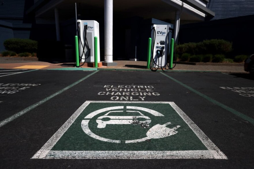 A view of electric car chargers on Sept. 23, 2020 in Corte Madera, California.  (Justin Sullivan/Getty Images)