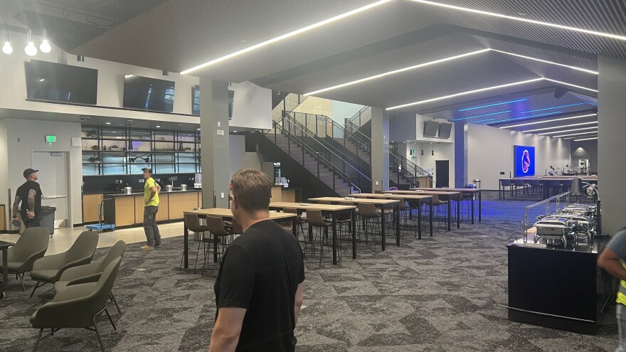 Inside the lounge area of the new North End Zone, where there’s a full kitchen, multiple bars and access to the field level suites and stairs to the outside club seats. The team utilizes the space for food service, and BSU plans to make the space available for event rental as well. On game day, the team will exit its locker room from between the stairways and walk through fans en route to the field.