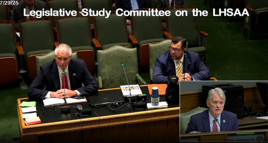 Freeze frame image from the Tuesday, July 29, 2025, hearing of the Louisiana House Legislative Study Committee recorded by the Louisiana House of Representatives. (From Left: LHSAA Executive Director Eddie Bonine; LHSAA legal counsel Mark Boyer; La. House Speaker Pro Tempore Mike Johnson, R-Pineville (pictured in bottom right box).