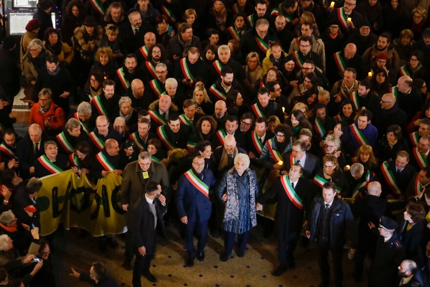 Liliana Segre (center), an 89-year-old Holocaust survivor and Italian senator for life, attends an anti-racism demonstration in Milan, joined by 600 Italian mayors, in December 2019. Amid rising nationalistic and anti-immigrant sentiment in Italy, Segre was targeted with abuse and threats after calling for an investigation into hate speech, racism and anti-Semitism.