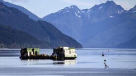 A barge departs from the Alaska Marine Lines dock in downtown Juneau.