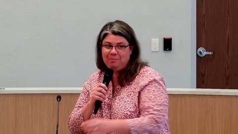 Dr. Sarah Mills of the University of Michigan speaks during a Cass County forum on data center development and its potential impacts on local communities.