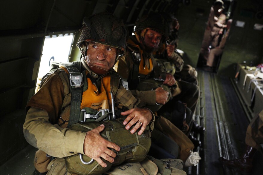 Armando Zepeda sits inside the vintage C-47 Betsy's Biscuit Bomber during a practice jump on Tuesday in Duxford.