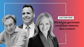 A graphic for an "Election 2026" article headlined "Michigan governor candidate stances: data centers." Three black-and-white candidate photos are composited against a blue-to-red gradient background. On the left, an older man in a striped shirt leans forward smiling. In the center, a middle-aged man in a suit and tie smiles at the camera. On the right, a woman with blonde hair wearing a dark blazer smiles directly at the camera. The candidates are not identified by name in the graphic.
