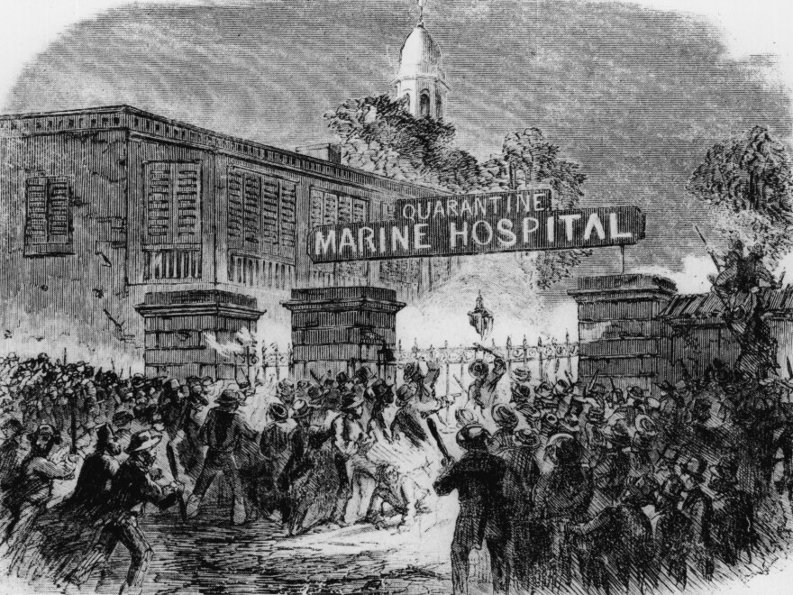 In this image originally published in Harper's Weekly in 1858, a mob attacks the Quarantine Marine Hospital in New York because people believed that its use was responsible for numerous yellow fever epidemics.