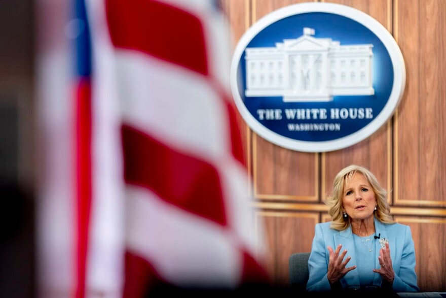 First lady Jill Biden speaks in the Eisenhower Executive Office Building on the White House Campus, May 9, 2023, in Washington.