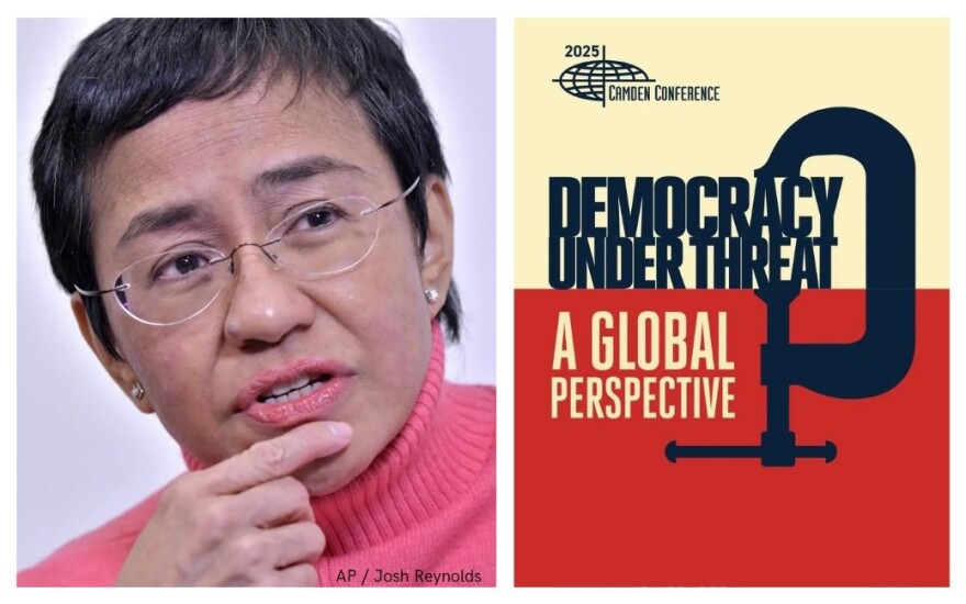 Maria Ressa with hand on chin wearing pink; Camden Conference "Democracy Under Threat" poster