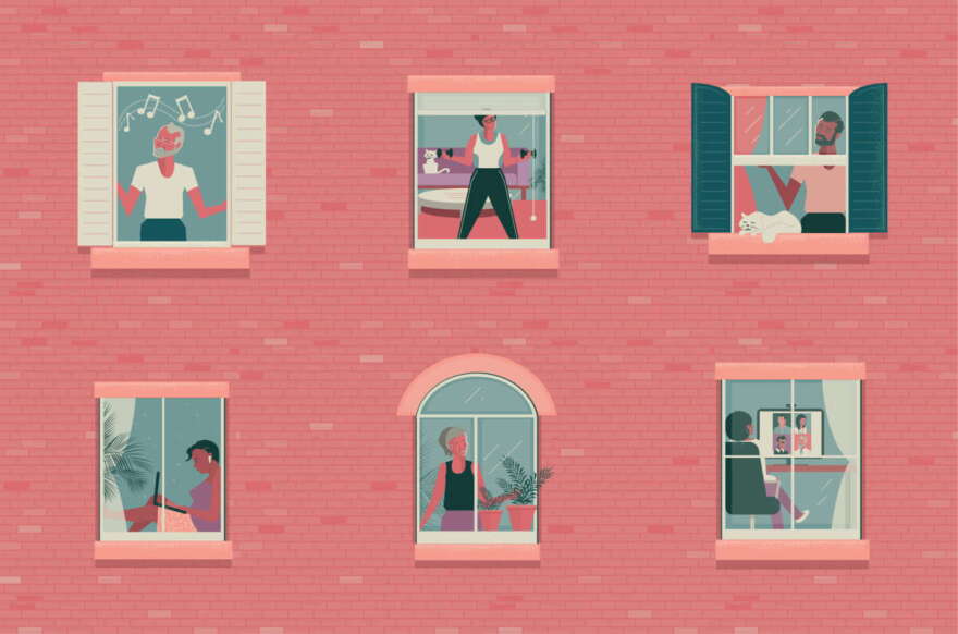 Vector illustration of a people seen through a windows inside their home during quarantine or self isolation, doing activities in their home.  Includes fully editable eps 10 vector with jpg.