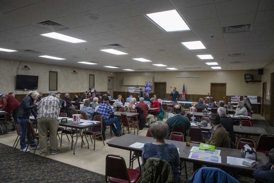 Iowa Secretary of State Paul Pate talks to caucus-goers during a Wapello County caucus on Monday February 7, 2022.