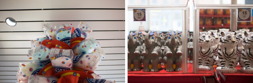 Cotton candy and circus souvenirs are sold at the Royal Farms Arena in Baltimore. The concessions staff travel with the circus; some have lived on the road with Ringling for decades.