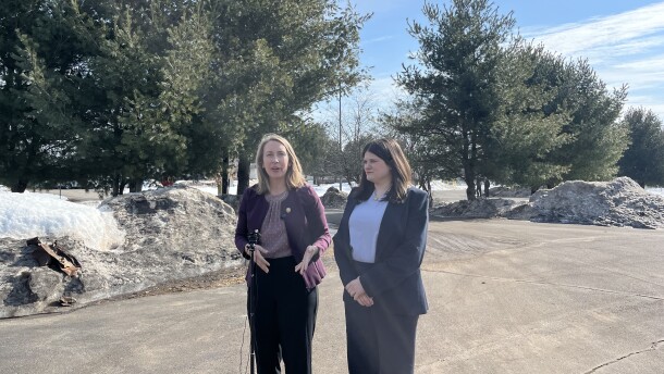 Representative Hillary Scholten (MI-3) and Representative Haley Stevens (MI-11) speak in a parking lot of North Lake Processing Center, an ICE detention center with 1,500 detainees, after touring the facility on Tuesday, February 17. (Photo: Claire Keenan-Kurgan/IPR News)