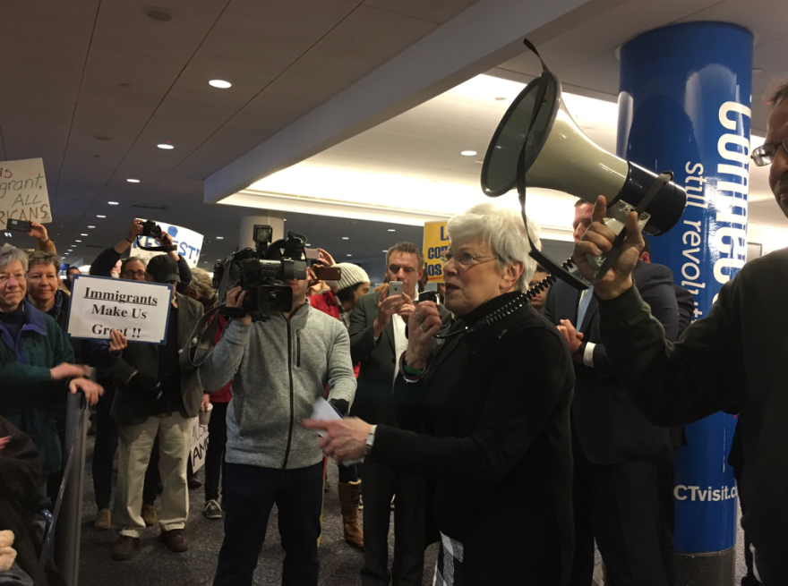 Lt. Gov. Nancy Wyman at Bradley International Airport on Sunday.